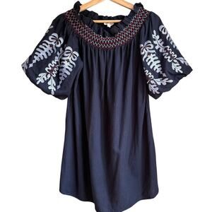 REBELLION Navy Embroidered Cotton Tunic Off Shoulder Puff Sleeve Cottagecore L